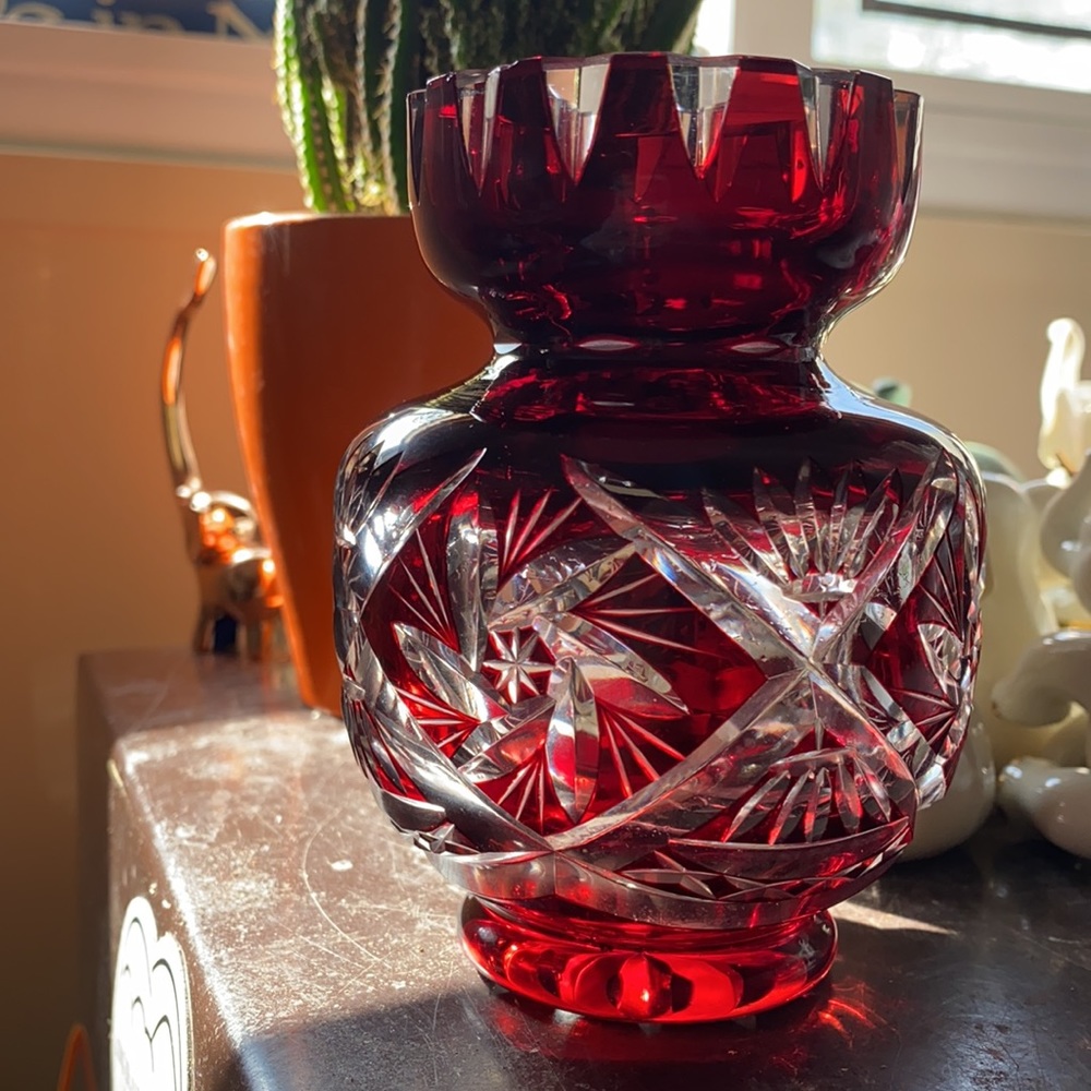 Vintage Bohemia Czech Crystal Red Vase - Picture 2 of 7